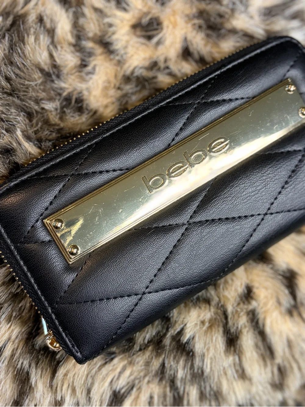 bebe Black Quilted Zip Wallet with Gold Logo Plaque #1329